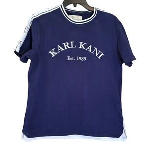 Karl Kani Est. 1989‎ Mens VTG T-Shirt Small Blue White Striped Trim Short Sleeve